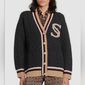 Sandro - Logo Letterman’s Charcoal and Tan Cardigan